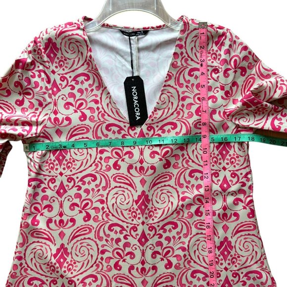 New Women's V-Neck A-Line Maxi Dress Pink & Beige Pattern Small Short Sleeve - Picture 7 of 8